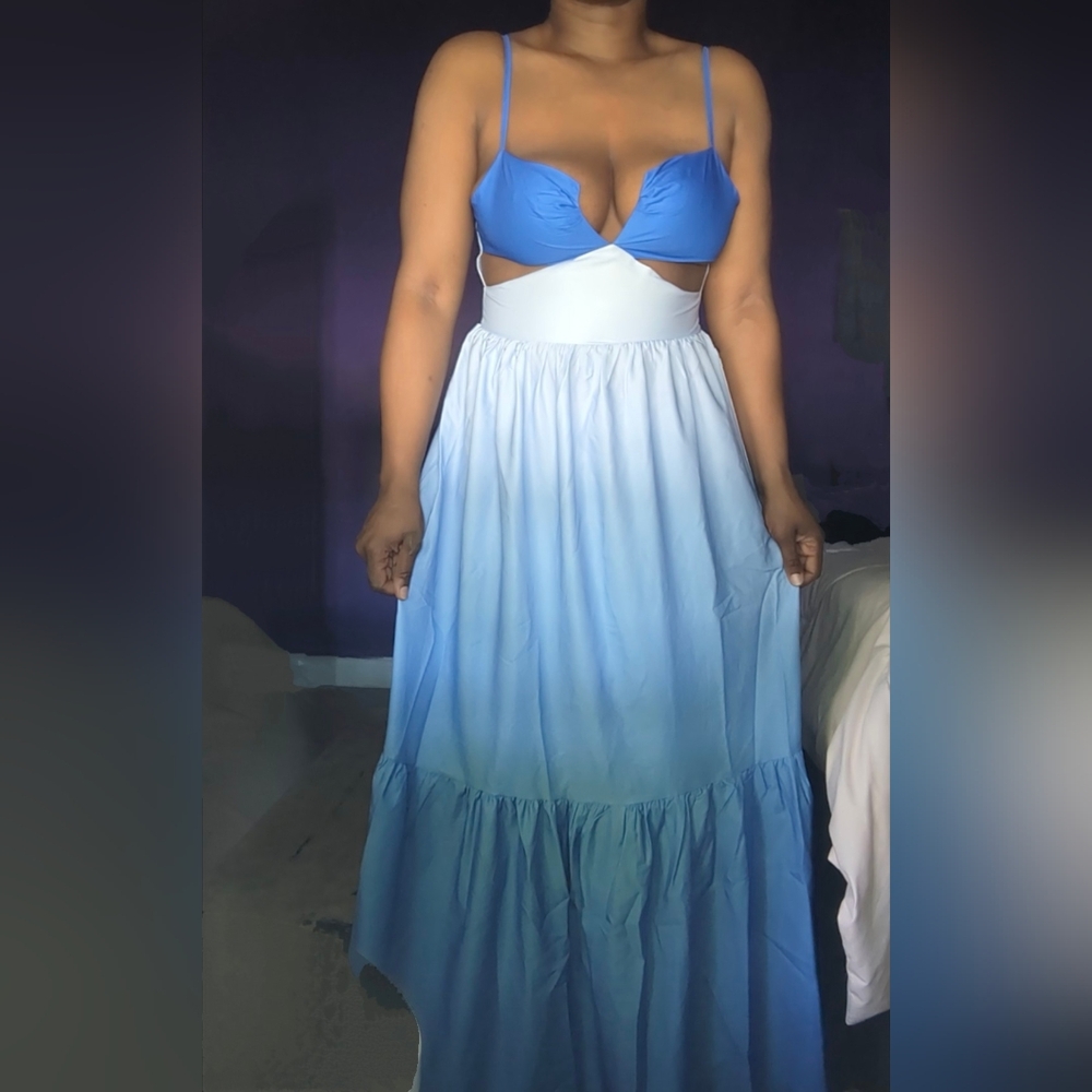 Blue Ombre Maxi Dress with Cutout and Tiered Skirt